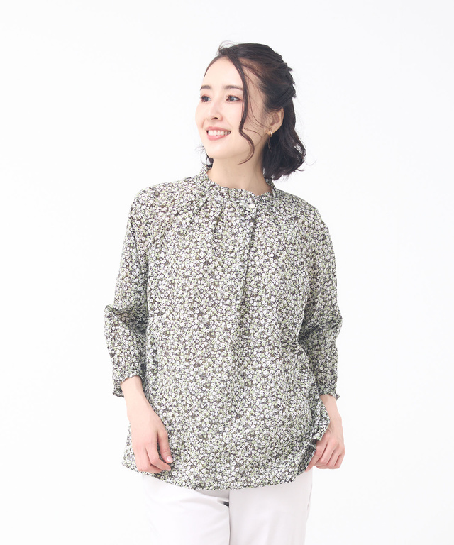 小花柄プリント 七分袖 ギャザーブラウス【JAPAN FABRIC】