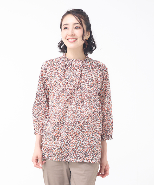 小花柄プリント 七分袖 ギャザーブラウス【JAPAN FABRIC】