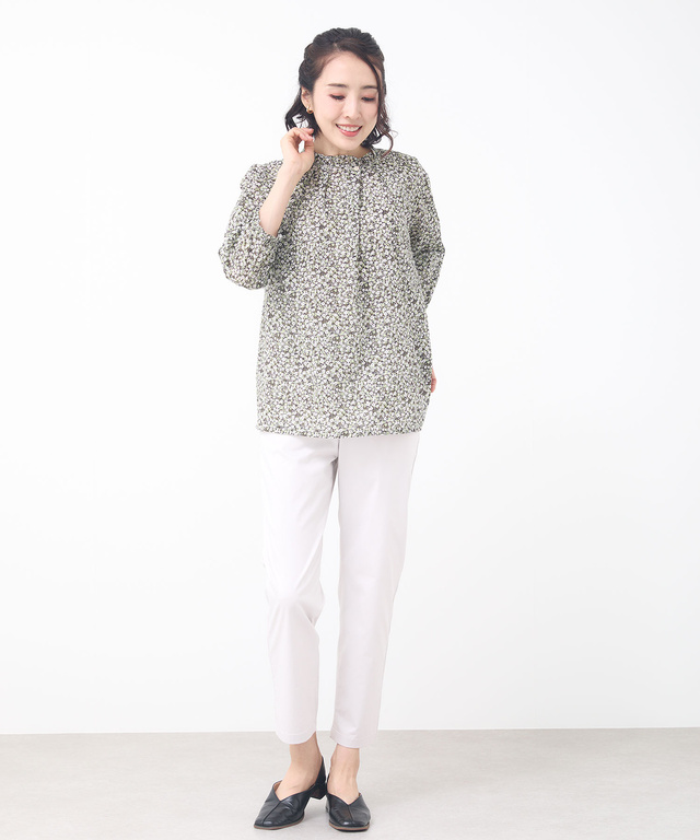 小花柄プリント 七分袖 ギャザーブラウス【JAPAN FABRIC】