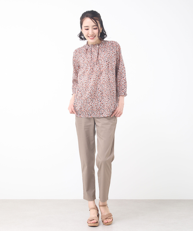 小花柄プリント 七分袖 ギャザーブラウス【JAPAN FABRIC】