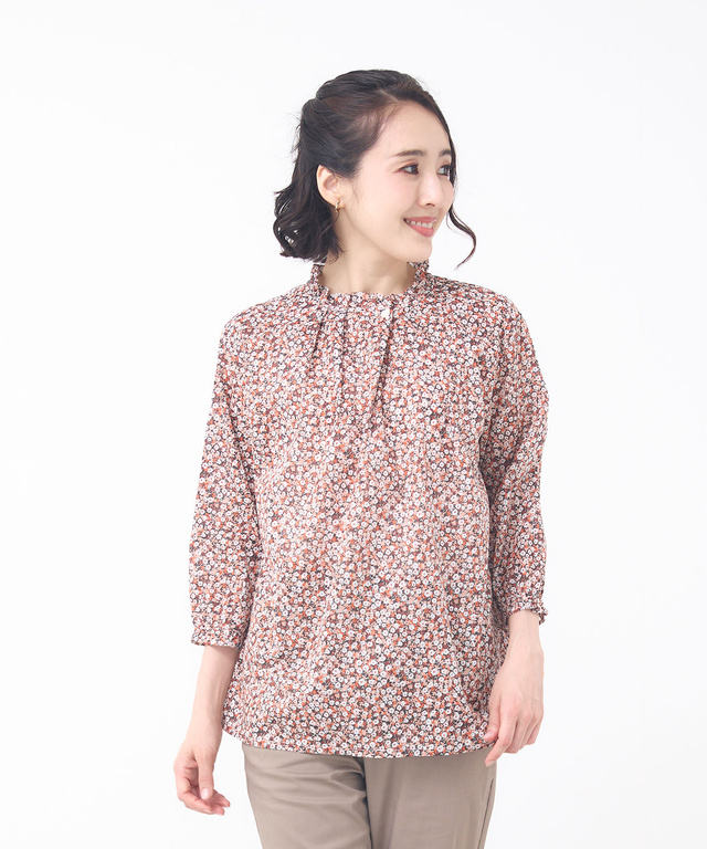 小花柄プリント 七分袖 ギャザーブラウス【JAPAN FABRIC】